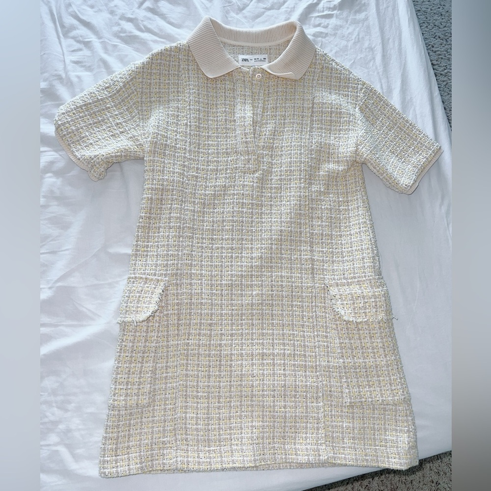 ZARA Tweed Mini Dress, 13-14 (Fits Women XS–S) | Yellow Cream Bouclé Knit
